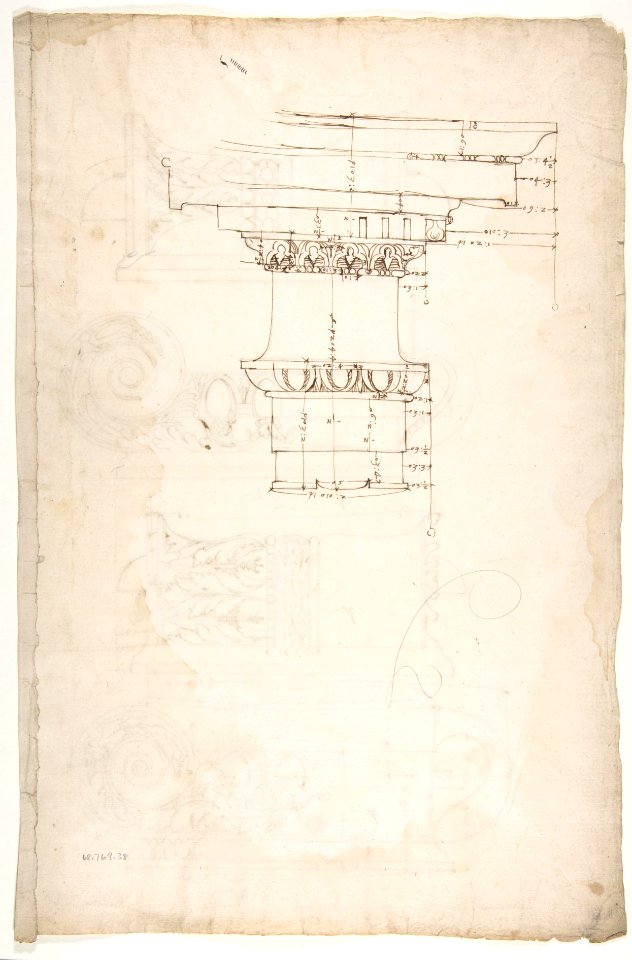 Unidentified, Ionic capitals, two front and side elevations (recto) Doric impost, elevation of entablature (verso) MET DP810846