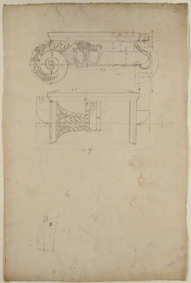 Unidentified, Ionic capital, front and side elevations with small studies (recto) calculation notes (verso) MET 68.769.37