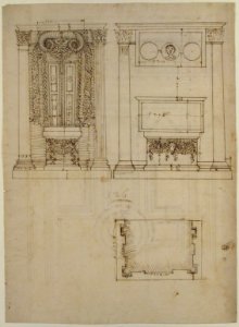 Unidentified, funerary altar, plan and elevations (recto) S. Giovanni Laterano, Oratorio della Santa Croce, paneling, elevation (verso) MET 68.769.45recto
