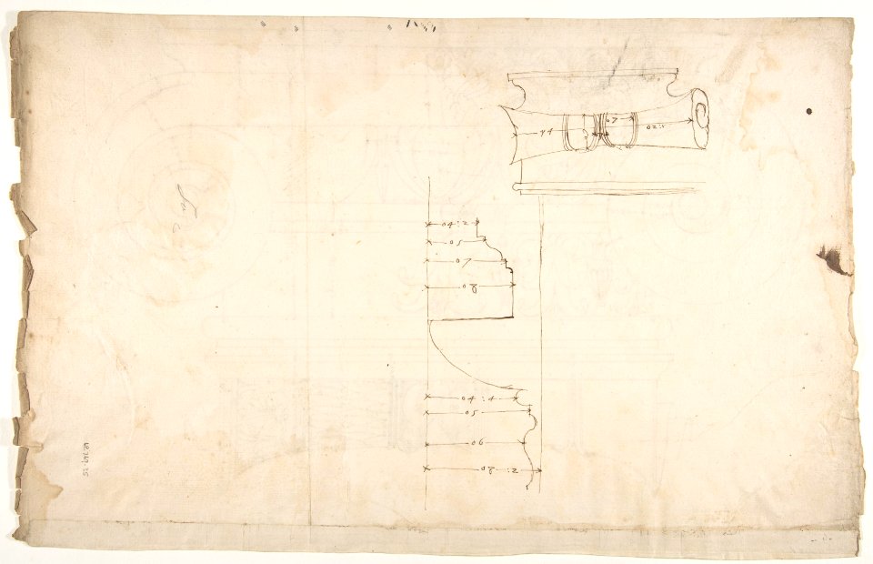 Unidentified, Ionic capital, elevation, front and side (recto) Unidentifed, Ionic capital, section, detail; Ionic capital, elevation, detail (verso) MET DP810836