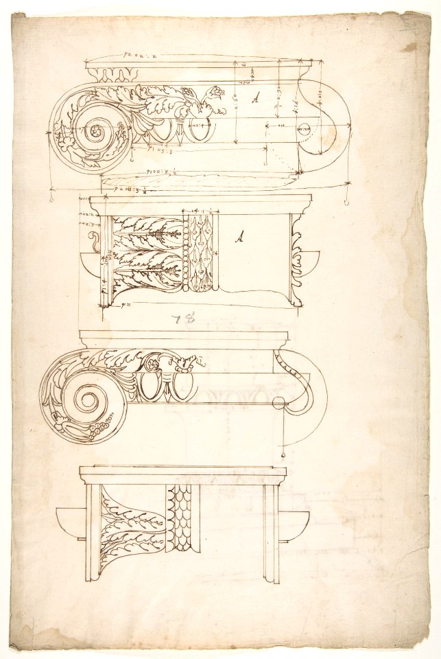 Unidentified, Ionic capitals, two front and side elevations (recto) Doric impost, elevation of entablature (verso) MET DP810845