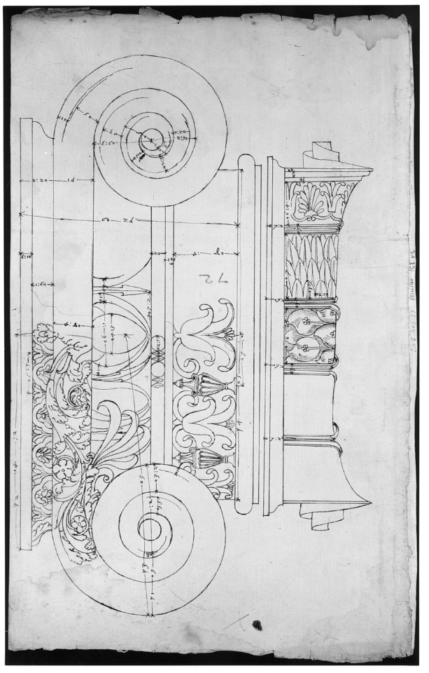 Unidentified, Ionic capital, elevation, front and side (recto) Unidentifed, Ionic capital, section, detail; Ionic capital, elevation, detail (verso) MET sf68 769 35r-MM43672