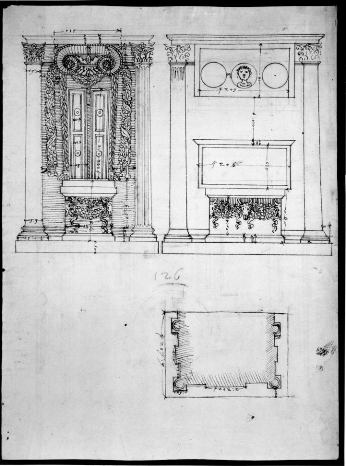 Unidentified, funerary altar, plan and elevations (recto) S. Giovanni Laterano, Oratorio della Santa Croce, paneling, elevation (verso) MET MM43687