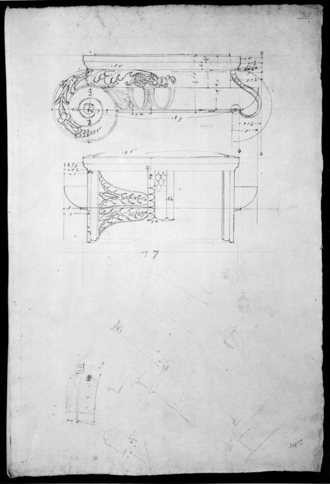 Unidentified, Ionic capital, front and side elevations with small studies (recto) calculation notes (verso) MET MM43676