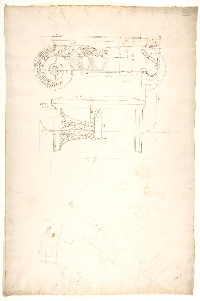 Unidentified, Ionic capital, front and side elevations with small studies (recto) calculation notes (verso) MET DP810842
