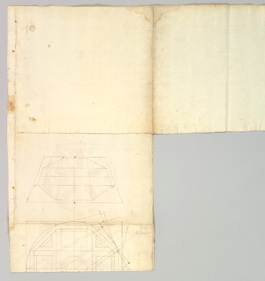 Unidentified , orthographic study, plans and section (recto) Rhomicuboctahedron, skeletal, perspective; elevation, perspective projection (verso) MET DP819298