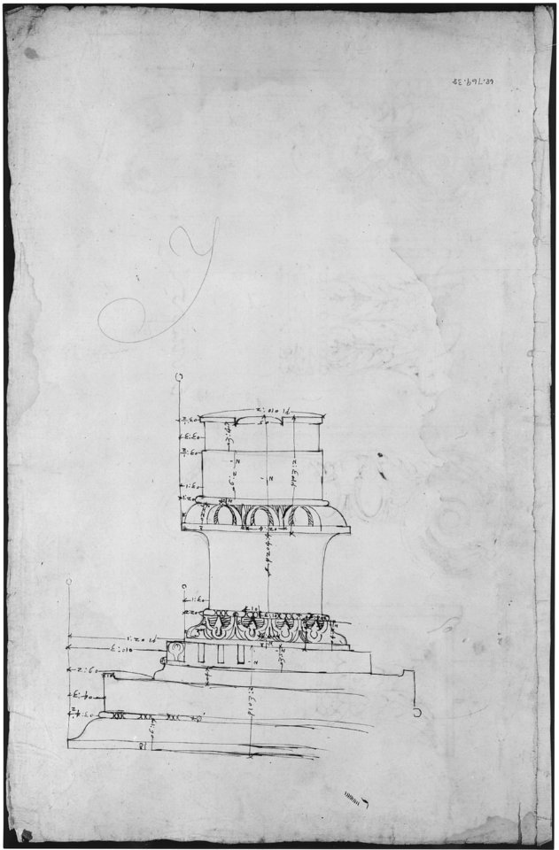 Unidentified, Ionic capitals, two front and side elevations (recto) Doric impost, elevation of entablature (verso) MET sf68 769 38v-MM43678