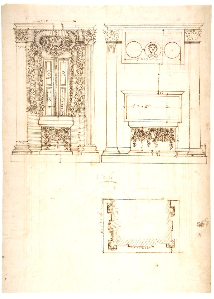 Unidentified, funerary altar, plan and elevations (recto) S. Giovanni Laterano, Oratorio della Santa Croce, paneling, elevation (verso) MET DP810751