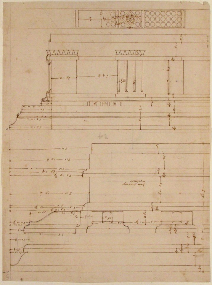 Unidentified, Doric cornice, elevation; Theater of Marcellus, Doric cornice, elevation (recto) Unidentified, cornice, elevation (verso) MET 68.769.25recto