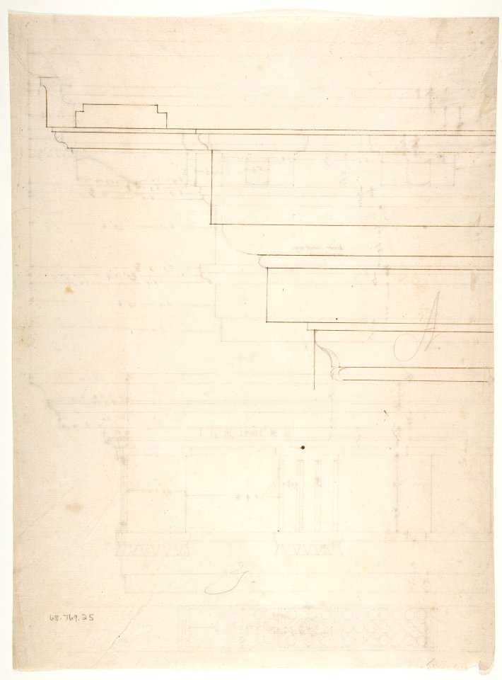 Unidentified, Doric cornice, elevation; Theater of Marcellus, Doric cornice, elevation (recto) Unidentified, cornice, elevation (verso) MET DP810814