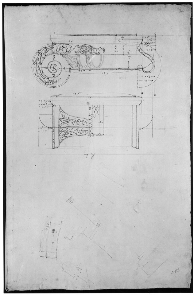 Unidentified, Ionic capital, front and side elevations with small studies (recto) calculation notes (verso) MET sf68 769 37r-MM43676