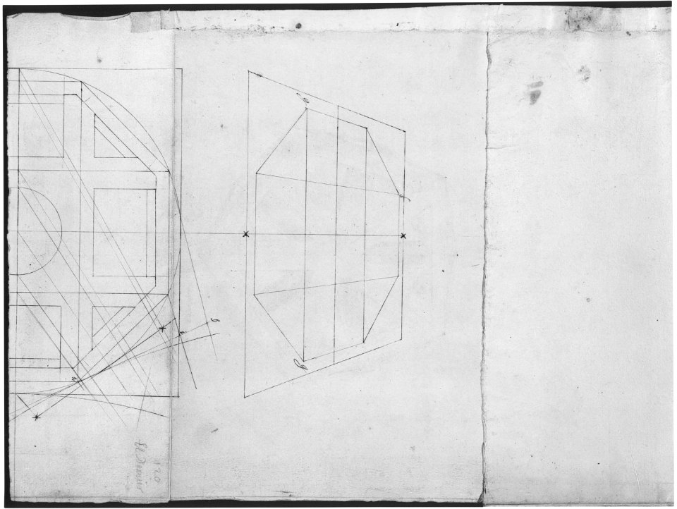 Unidentified , orthographic study, plans and section (recto) Rhomicuboctahedron, skeletal, perspective; elevation, perspective projection (verso) MET sf49 92 66v-MM43605
