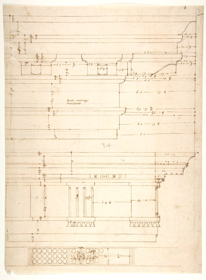 Unidentified, Doric cornice, elevation; Theater of Marcellus, Doric cornice, elevation (recto) Unidentified, cornice, elevation (verso) MET DP810813