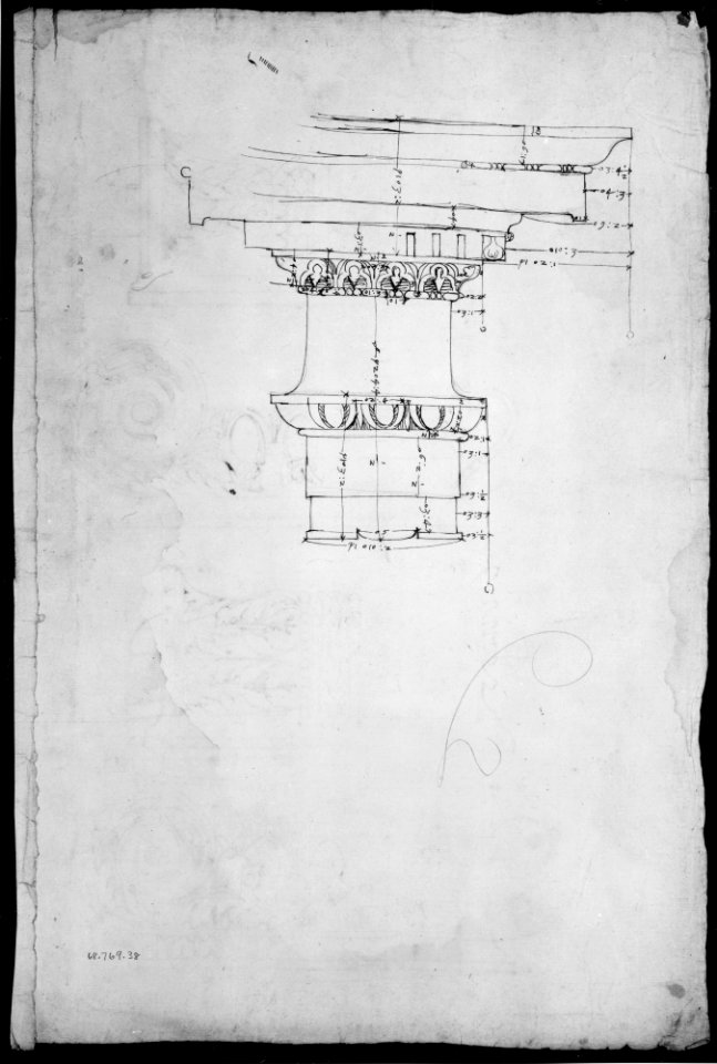 Unidentified, Ionic capitals, two front and side elevations (recto) Doric impost, elevation of entablature (verso) MET MM43678