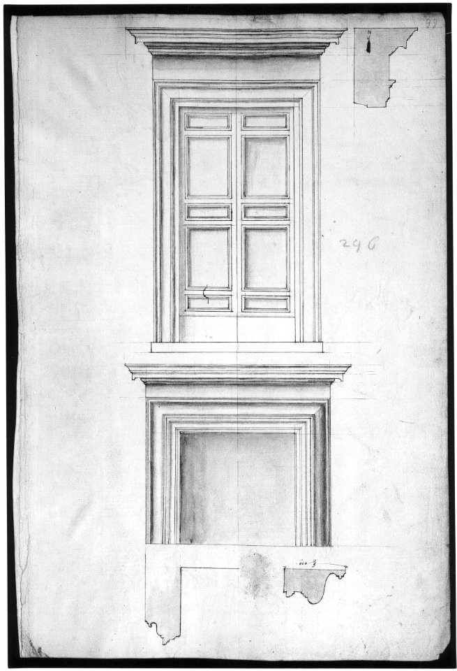 Unidentified, portal, elevation; portal, cornice, profile; fireplace, elevation (recto) blank (verso) MET sf49 92 86r-MM33698