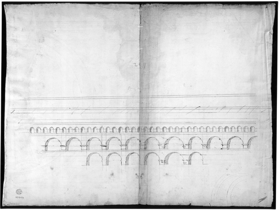 Unidentified, ceiling plan (recto) Pont du Gard, perspective elevation (verso) MET sf49 92 84v-MM33697