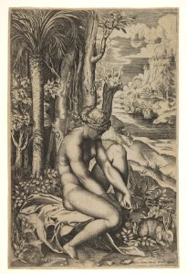 Venus removing a thorn from her left foot while seated on a cloth beside trees and foliage, a hare eating grass before her MET DP832643