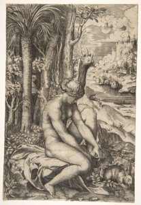 Venus removing a thorn from her left foot while seated beside trees and foliage, a hare eating grass before her MET DP818713