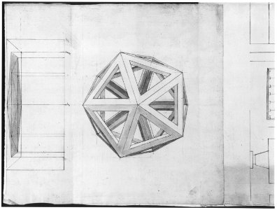 Unidentified , orthographic study, plans and section (recto) Rhomicuboctahedron, skeletal, perspective; elevation, perspective projection (verso) MET sf49 92 66r-MM43604
