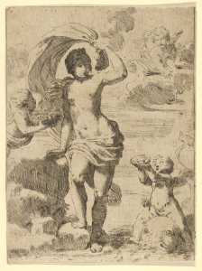 Venus stepping out of the sea, holding a billowing drapery in her left hand, Cupid at right offering pearls while riding a dolphin and a putto at left offering flowers, another in the clouds MET DP837923