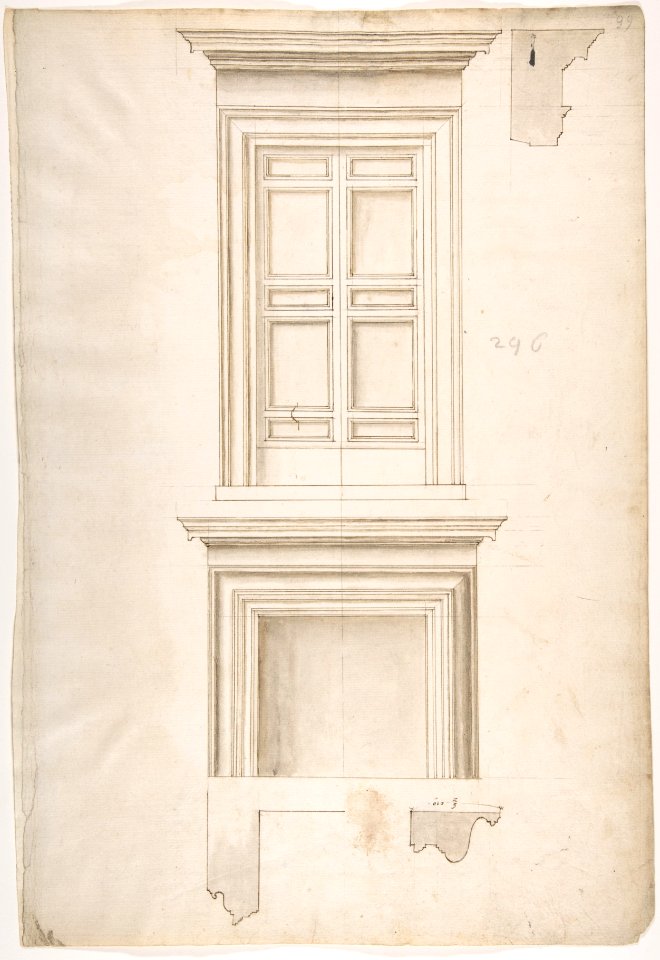 Unidentified, portal, elevation; portal, cornice, profile; fireplace, elevation (recto) blank (verso) MET DP810647