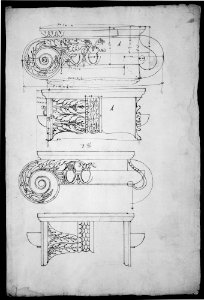 Unidentified, Ionic capitals, two front and side elevations (recto) Doric impost, elevation of entablature (verso) MET MM43677