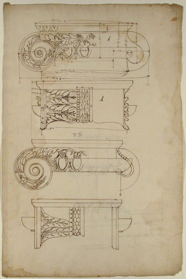 Unidentified, Ionic capitals, two front and side elevations (recto) Doric impost, elevation of entablature (verso) MET 68.769.38recto