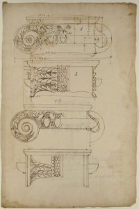 Unidentified, Ionic capitals, two front and side elevations (recto) Doric impost, elevation of entablature (verso) MET 68.769.38recto