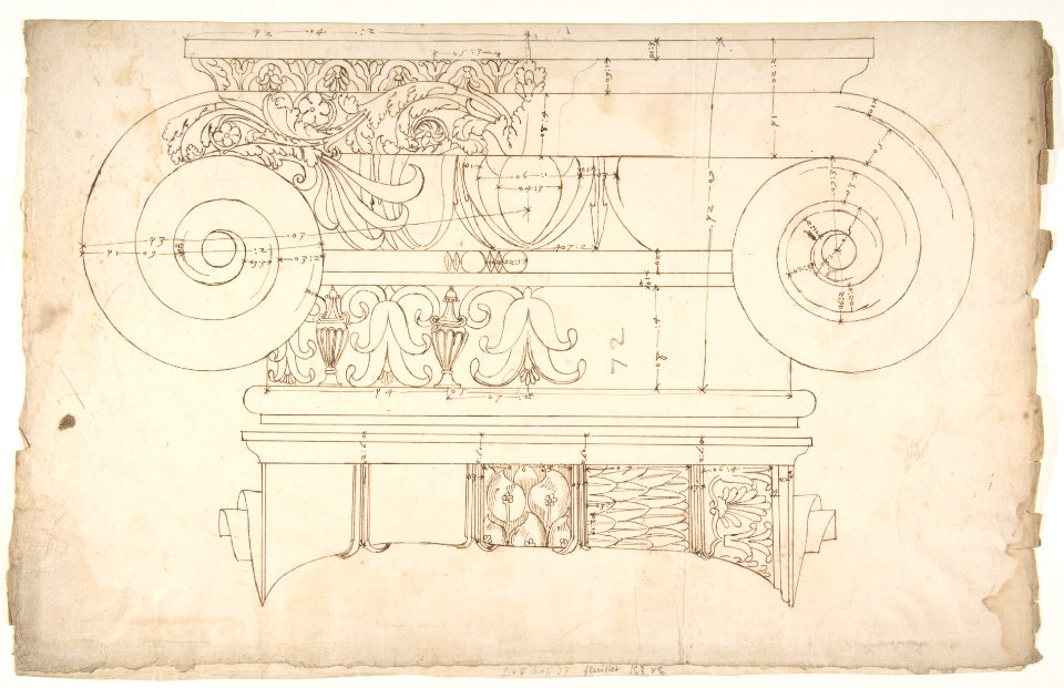 Unidentified, Ionic capital, elevation, front and side (recto) Unidentifed, Ionic capital, section, detail; Ionic capital, elevation, detail (verso) MET DP810835