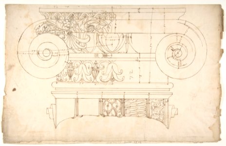 Unidentified, Ionic capital, elevation, front and side (recto) Unidentifed, Ionic capital, section, detail; Ionic capital, elevation, detail (verso) MET DP810835