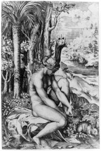 Venus removing a thorn from her left foot while seated on a cloth next to trees, a hare lower right MET 271157