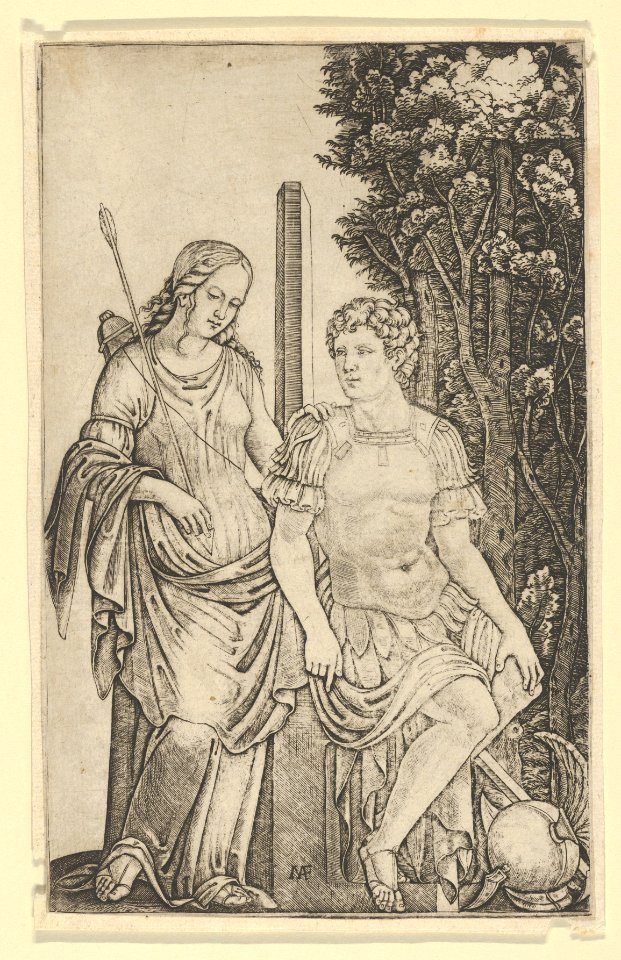 Venus standing at left resting her hand on the shoulder of Aeneas seated at right MET DP854059