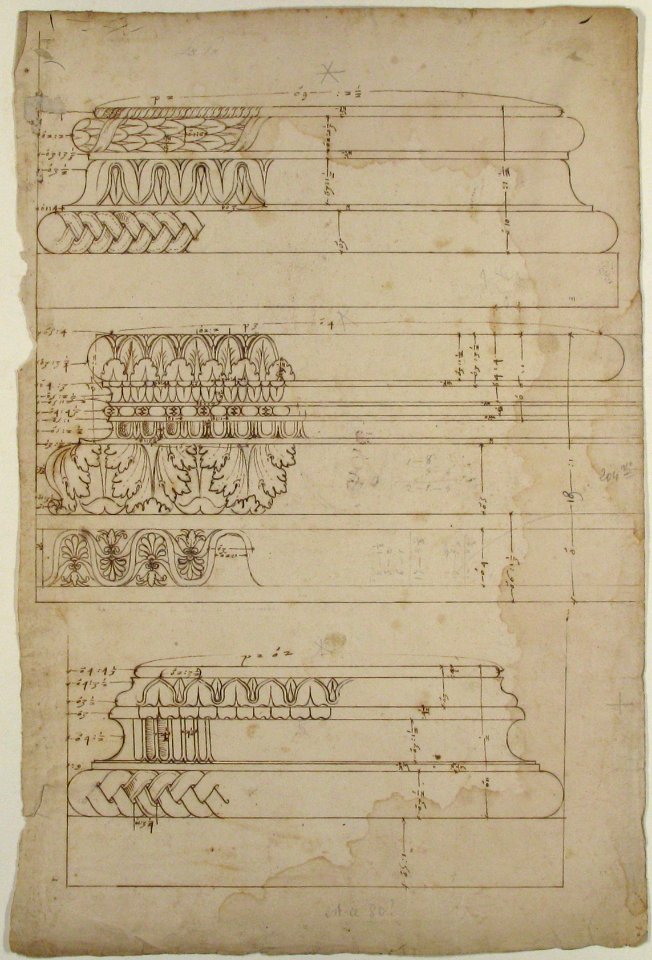 Unidentified, Composite base, elevation; Temple of Concordia, Composite base, elevation; Unidentified, Composite base, elevation (recto) blank (verso) MET 68.769.39