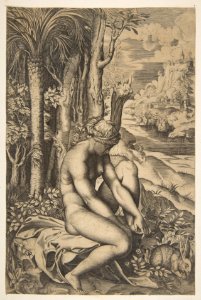 Venus removing a thorn from her left foot while seated on a cloth beside trees and foliage, a hare eating grass before her MET DP818712