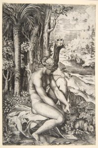 Venus removing a thorn from her left foot while seated on a cloth next to trees, a hare lower right MET DP818711