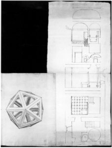 Unidentified , orthographic study, plans and section (recto) Rhomicuboctahedron, skeletal, perspective; elevation, perspective projection (verso) MET sf49 92 66r-MM43603