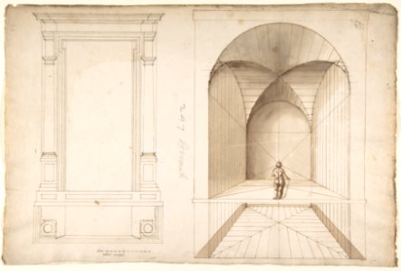 Unknown, portal or niche, plan and elevation; perspective study, interior, square chamber with cross-vault, with a scale figure (recto)blank (verso) MET DP810576