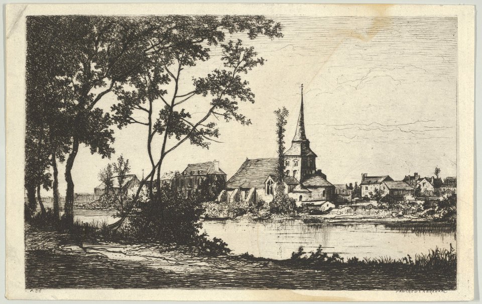 Town with a church across a river MET DP841086