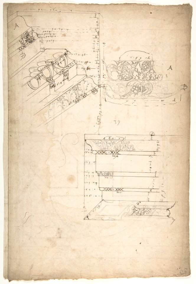 Unidentified, cornice, projection; architrave, projection (recto) Unidentified, ceiling, plan (verso) MET DP810859