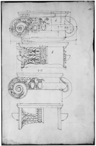 Unidentified, Ionic capitals, two front and side elevations (recto) Doric impost, elevation of entablature (verso) MET sf68 769 38r-MM43677