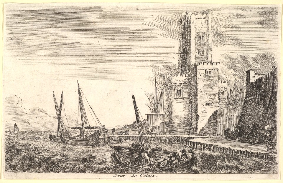 Tower of Calais (Tour de Calais), tower to right, two ships in the sea to left and in center, from 'Views of seaports' (Vues de ports de mar) MET DP828059
