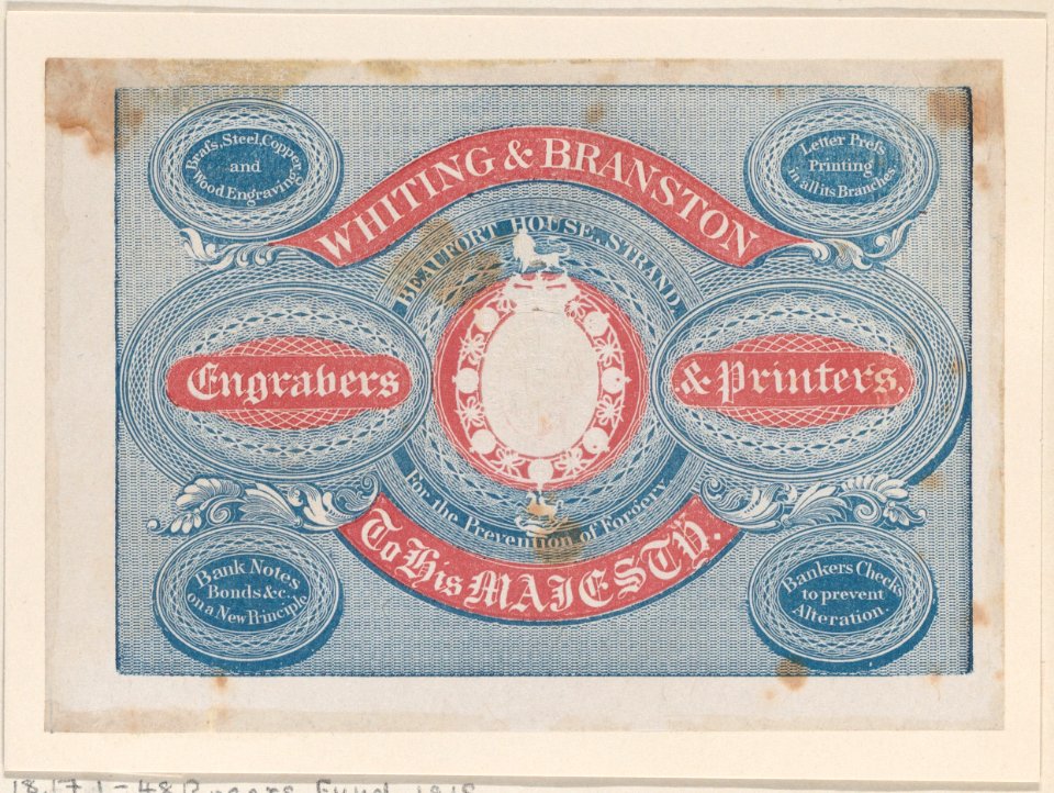 Trade Card for Whiting & Branston, Engravers & Printers Met DP885169