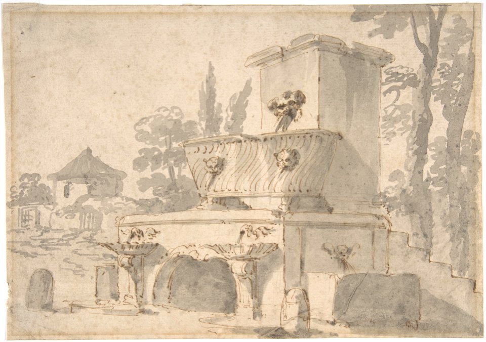Venetian Capriccio- Landscape with a Farm Building, Sarcophagus, and Fountain (recto); Monument (verso) MET DP807982