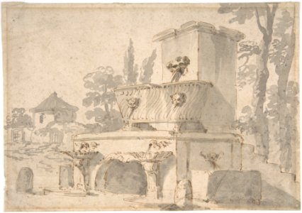 Venetian Capriccio- Landscape with a Farm Building, Sarcophagus, and Fountain (recto); Monument (verso) MET DP807982
