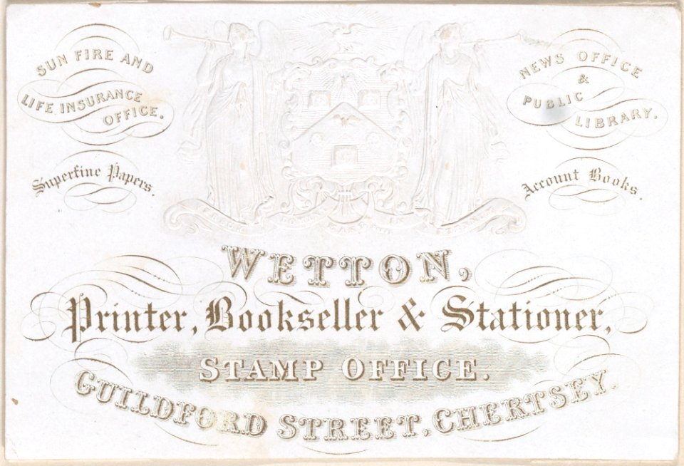 Trade card for Wetton, printer, bookseller and stationer Met DP884962