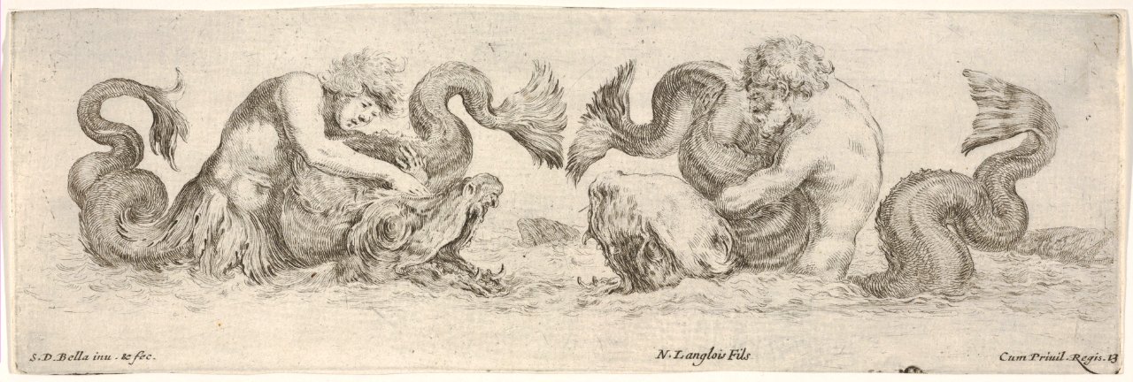Two Tritons wrestling with other Sea Creatures, Plate 13 from- 'Decorative friezes and foliage' (Ornamenti di fregi e fogliami) MET DP833575