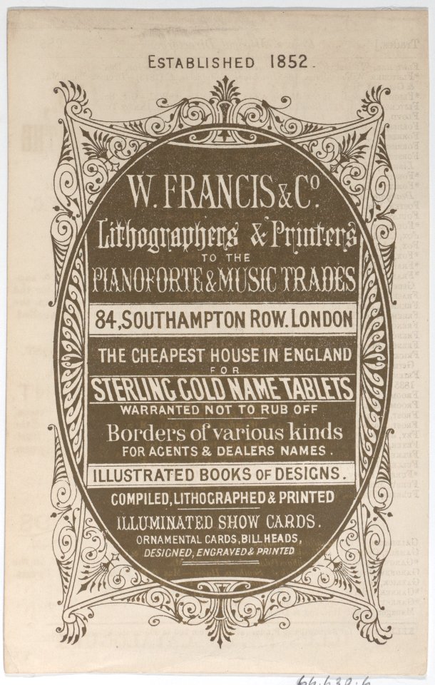 Trade Card for W. Francis & Co., Lithographers and Printers Met DP885336