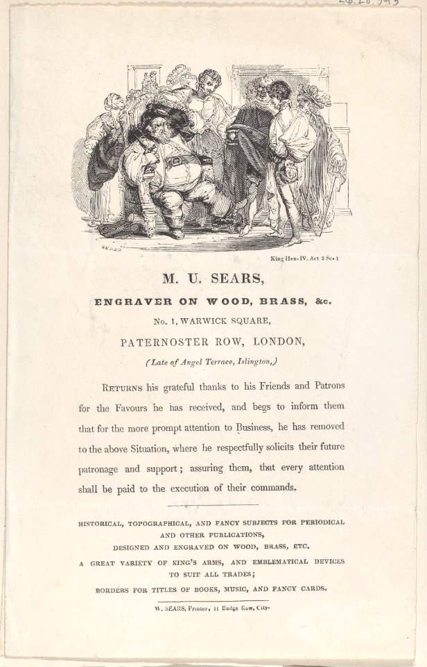 Trade Card for M.U. Sears, Wood Engraver and Printer Met DP885214