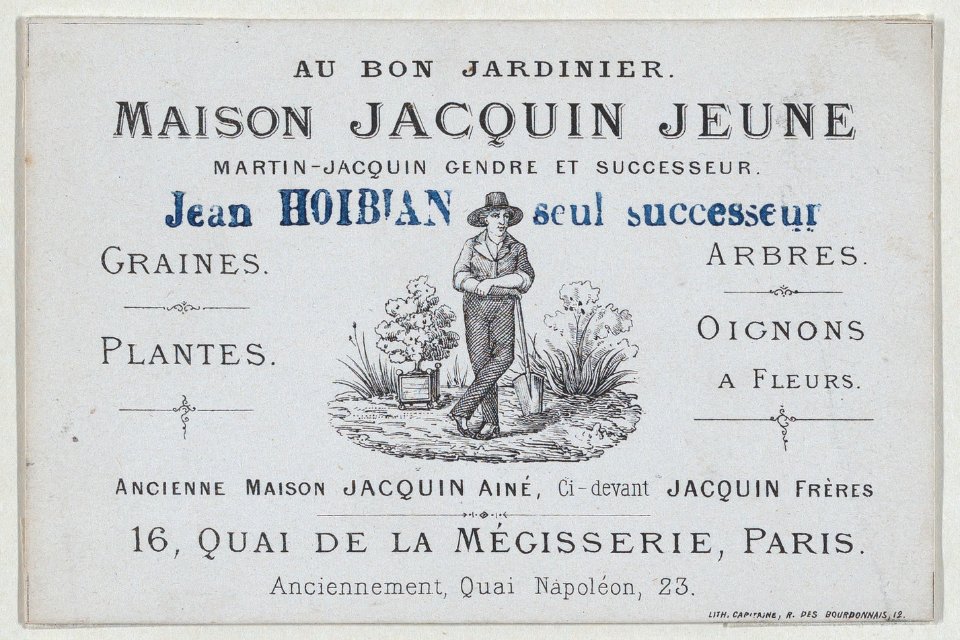 Trade card for Maison Jacquin Jeune, garden supplier, Paris MET DP875305
