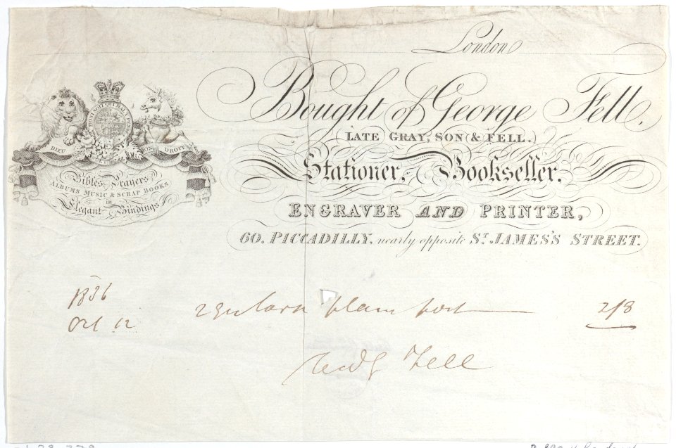 Trade Card for George Fell, Stationer, Bookseller, Engraver and Printer Met DP885319